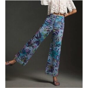 Maeve Anthropologie Floral The Denim Colette Cropped Wide Leg Jeans Size 27